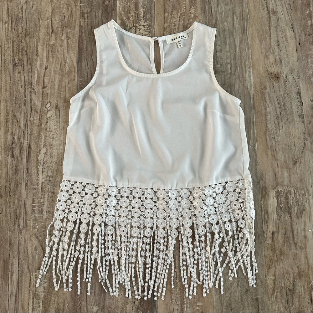 Monteau Cropped Fringe Top White Size Small Festival Summer Lightweight